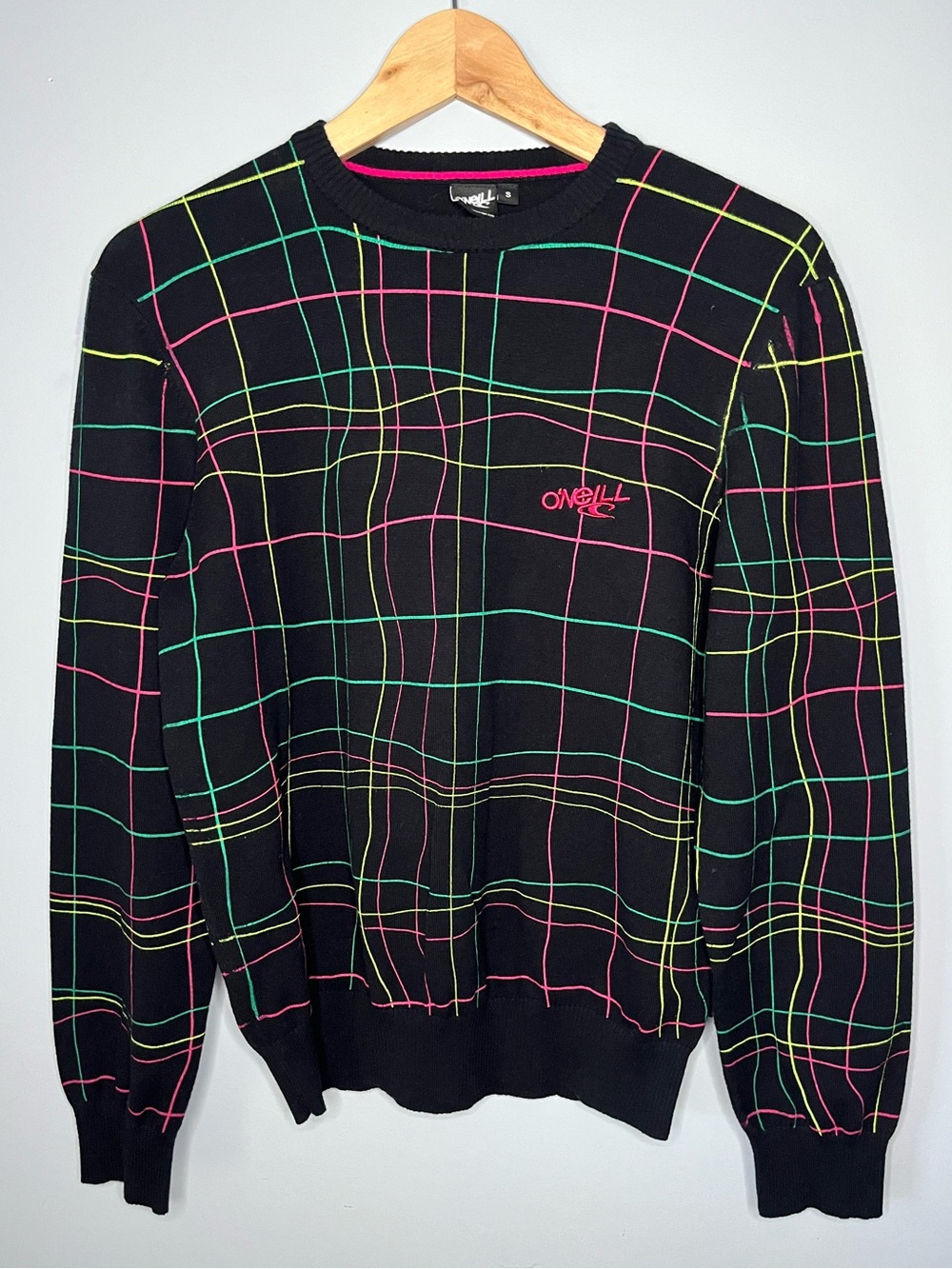 O’Neill Vintage 1990s Neon Dayglo Surf Skate Wavy Grid Unisex Sweater Size Small